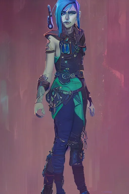 standing steampunk elf with blue hair in a neon dystopian forest