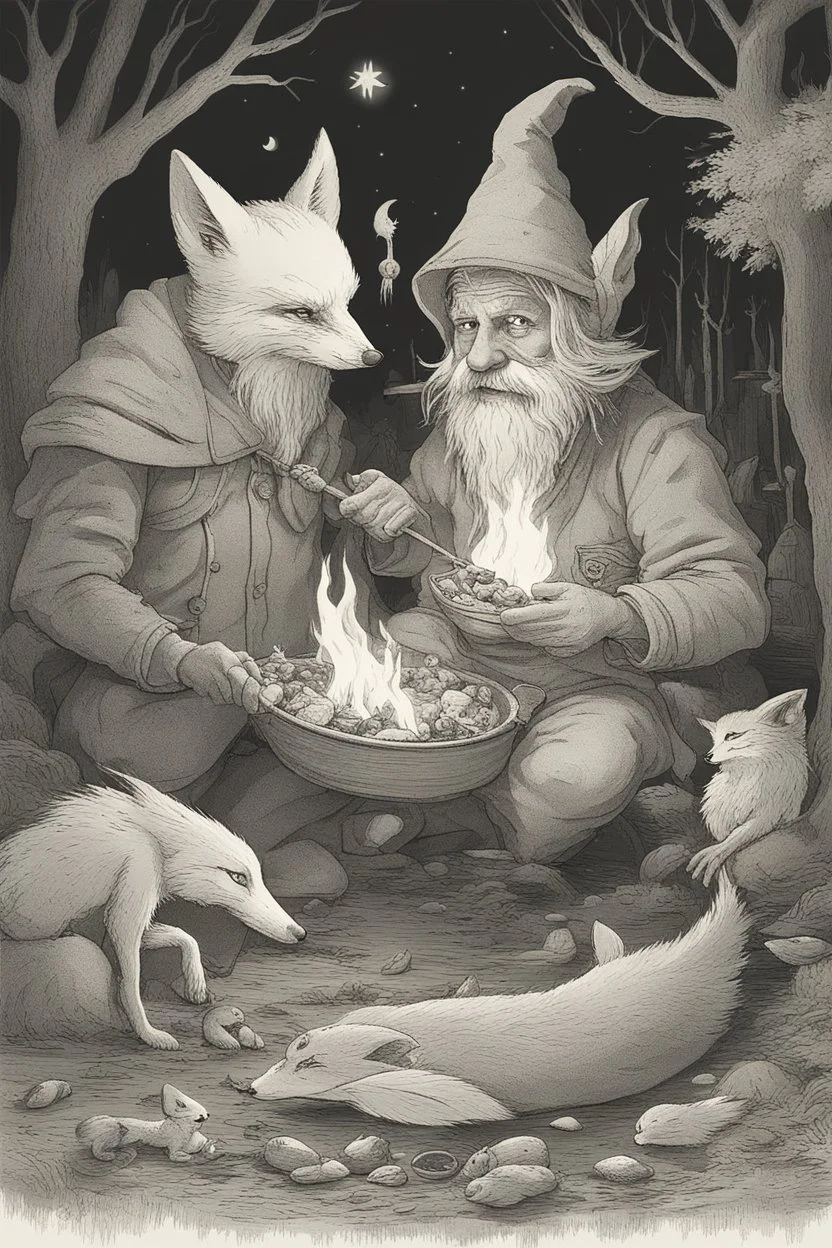 a gnome and a goblin eating in front of a fish fire and a figure with fox mask behind in the environment, riverbank, night, moonlight,