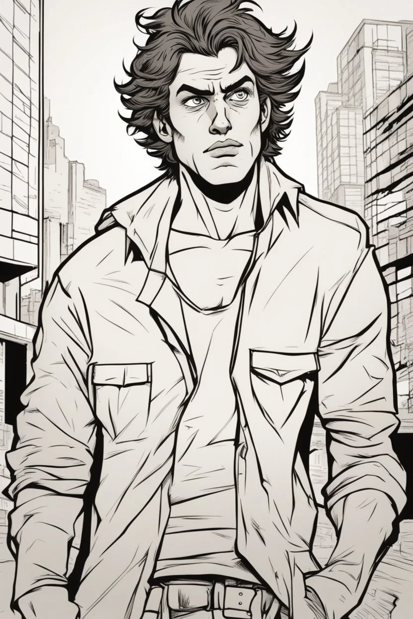 deranged young man with scruffy hair, stubble and a judgmental look on his face comic book style