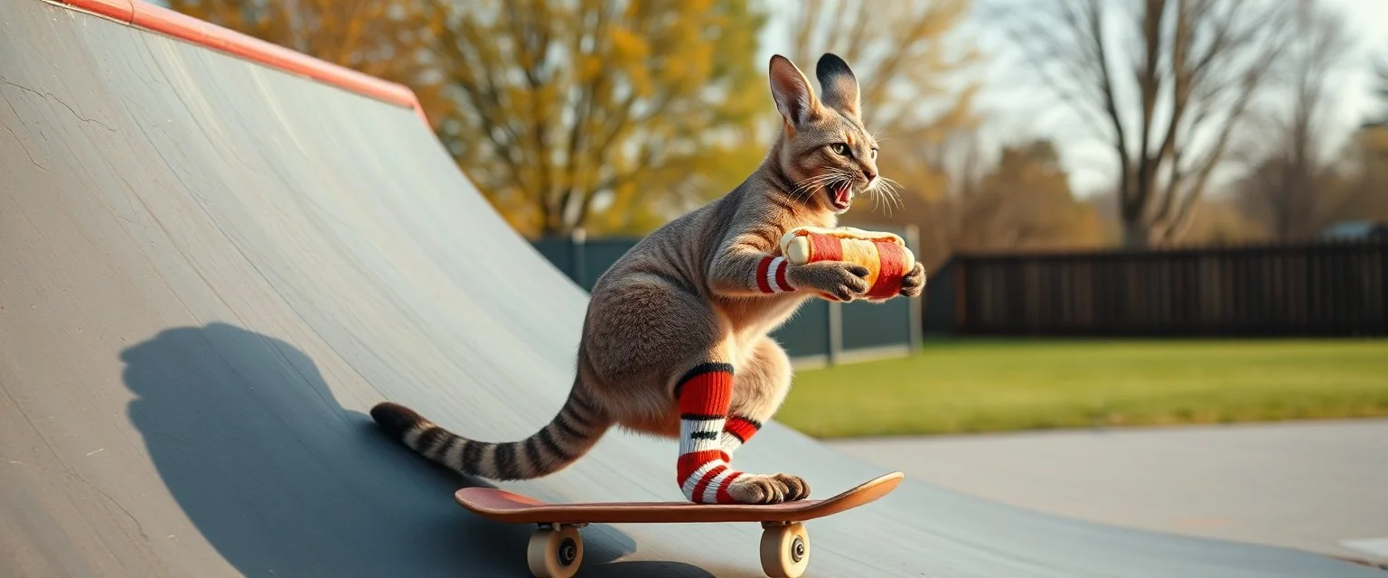 cat kangaroo sock skating on skate ramp while eating hot dogs