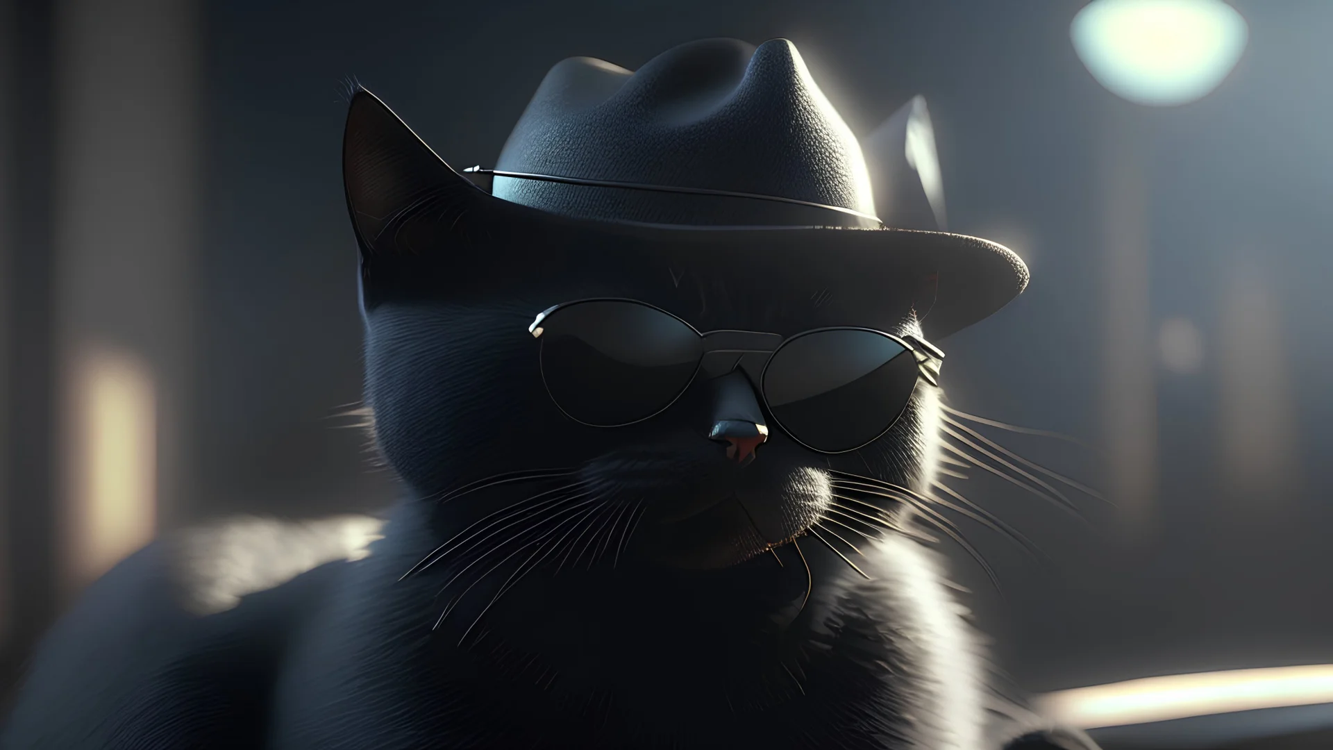 a cat with black fur wearing a black hat and black sunglasses, Unreal Engine, cinematic lighting