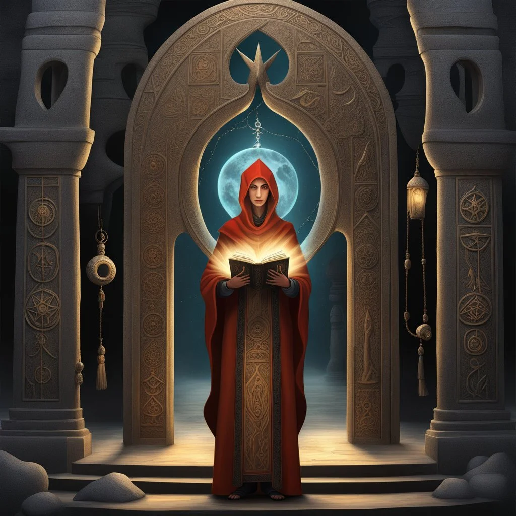 full_body:: Young mage with ornate grimoire and swirling mana standing in a gothic_arab gate:: Ancient stone temple with engraved runes:: by artist "Leonora Carrington", by artist "Tarsila do Amaral":: Cinematic lighting with shadows emphasizing the character's determination:: eye_level perspective::