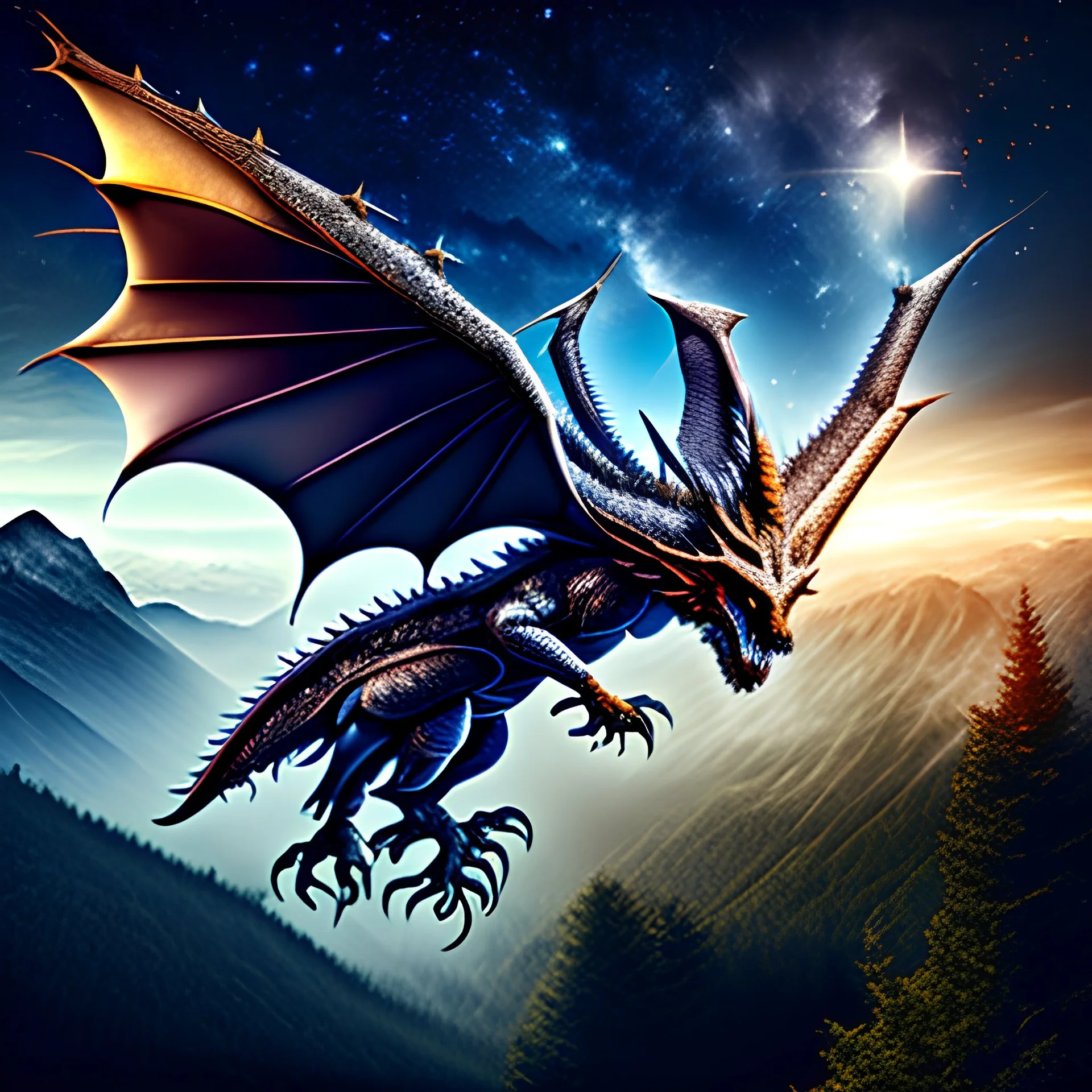 image framed with a thin border of celtic designs, story book cover format, A winged celestial dragon in flight above a forested mountain, against a background of brilliantly glittering stars, hd 4k, fine sharp detail