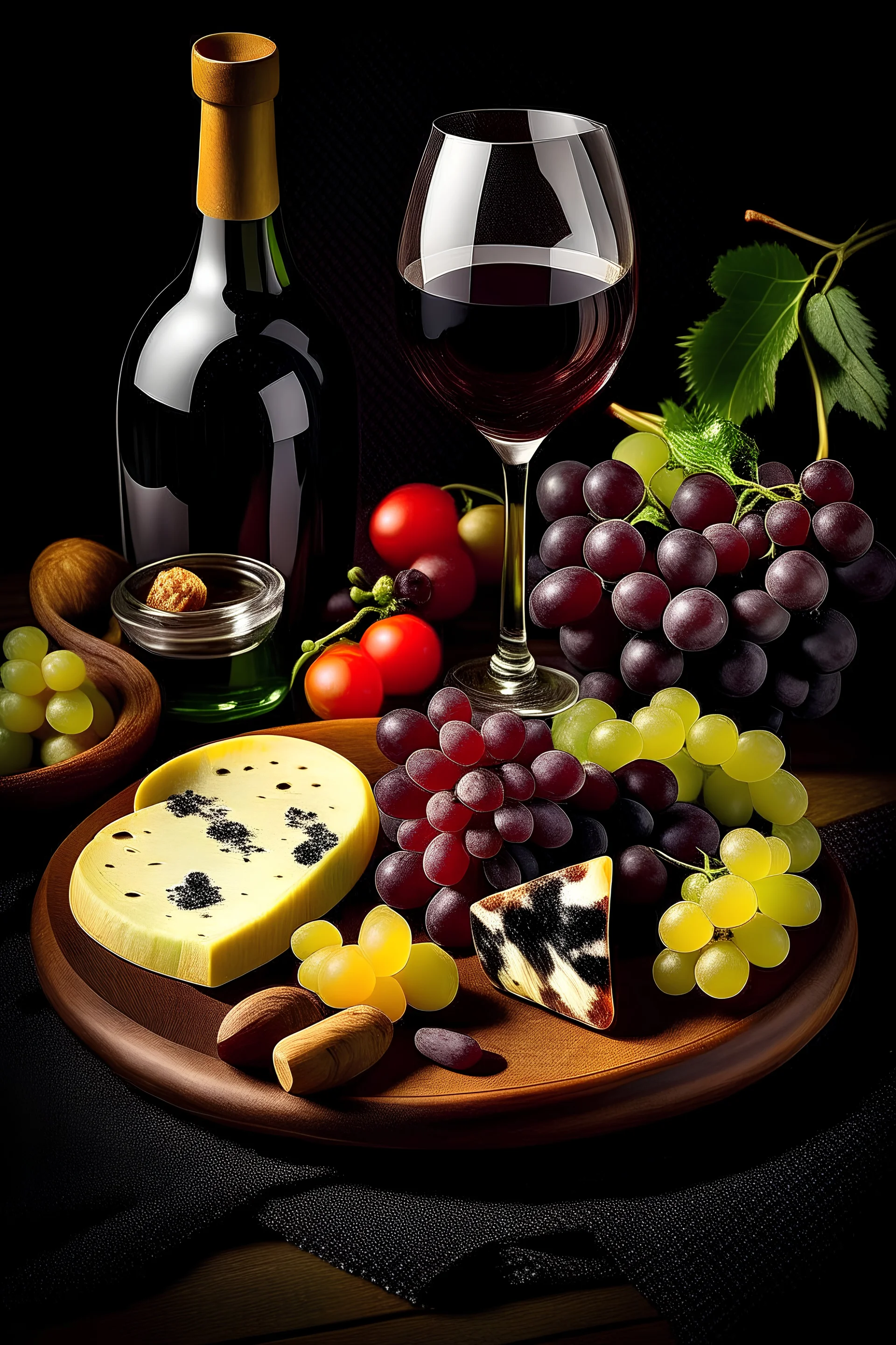 wine platter with cheese salami and grapes