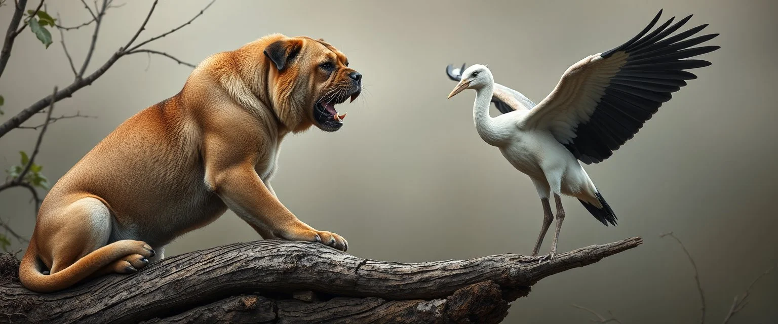 pug lion panther hunting eel stork