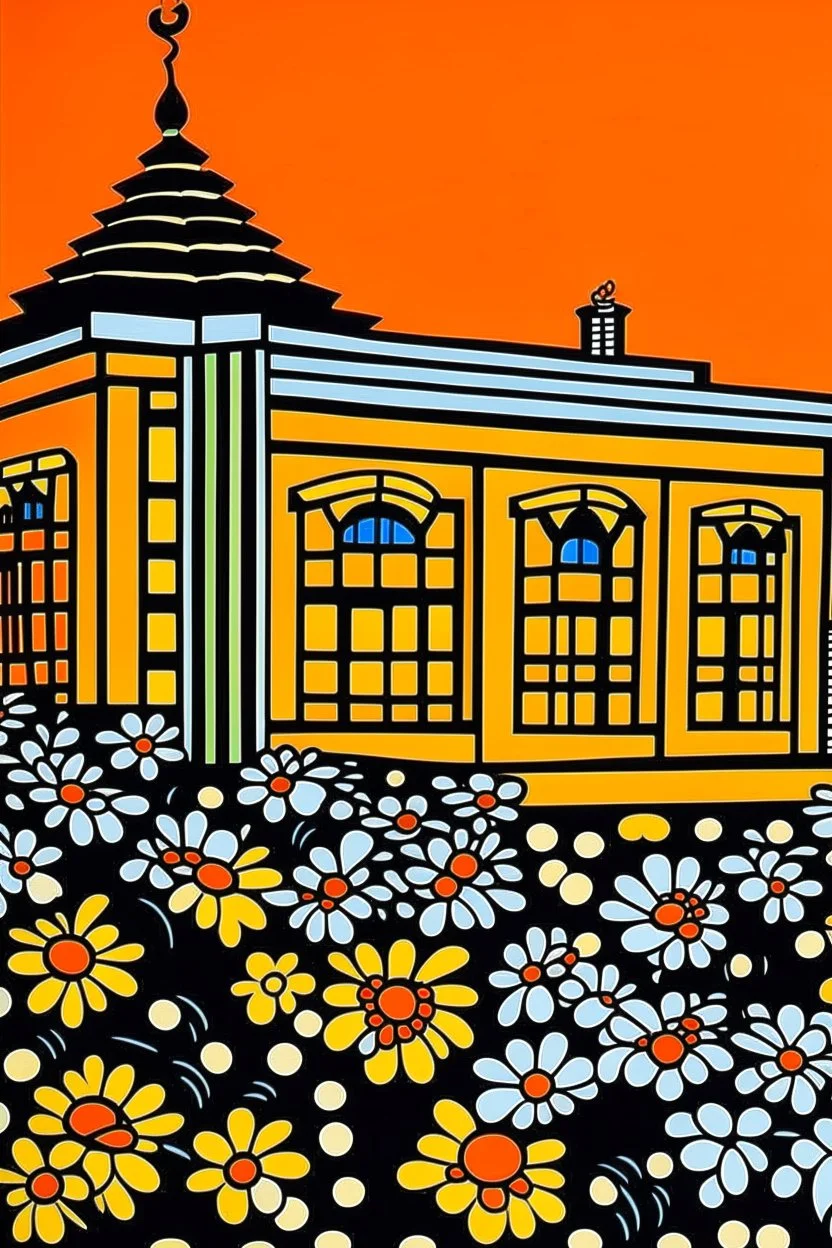 An orange colored desert palace with daisies painted by Roy Lichtenstein