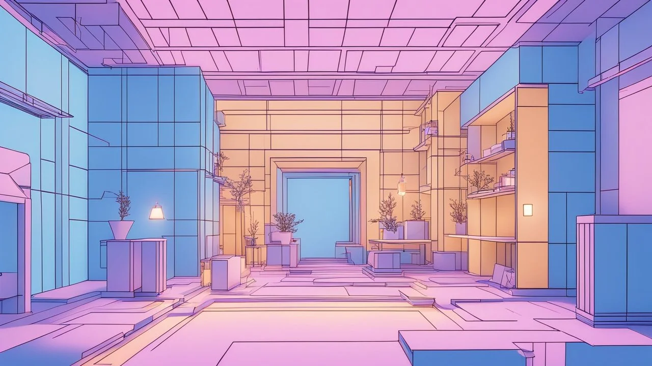 Minimalist cubic interior space illuminated with neon lights in blue and gold tones where characters of different kinds swarm.