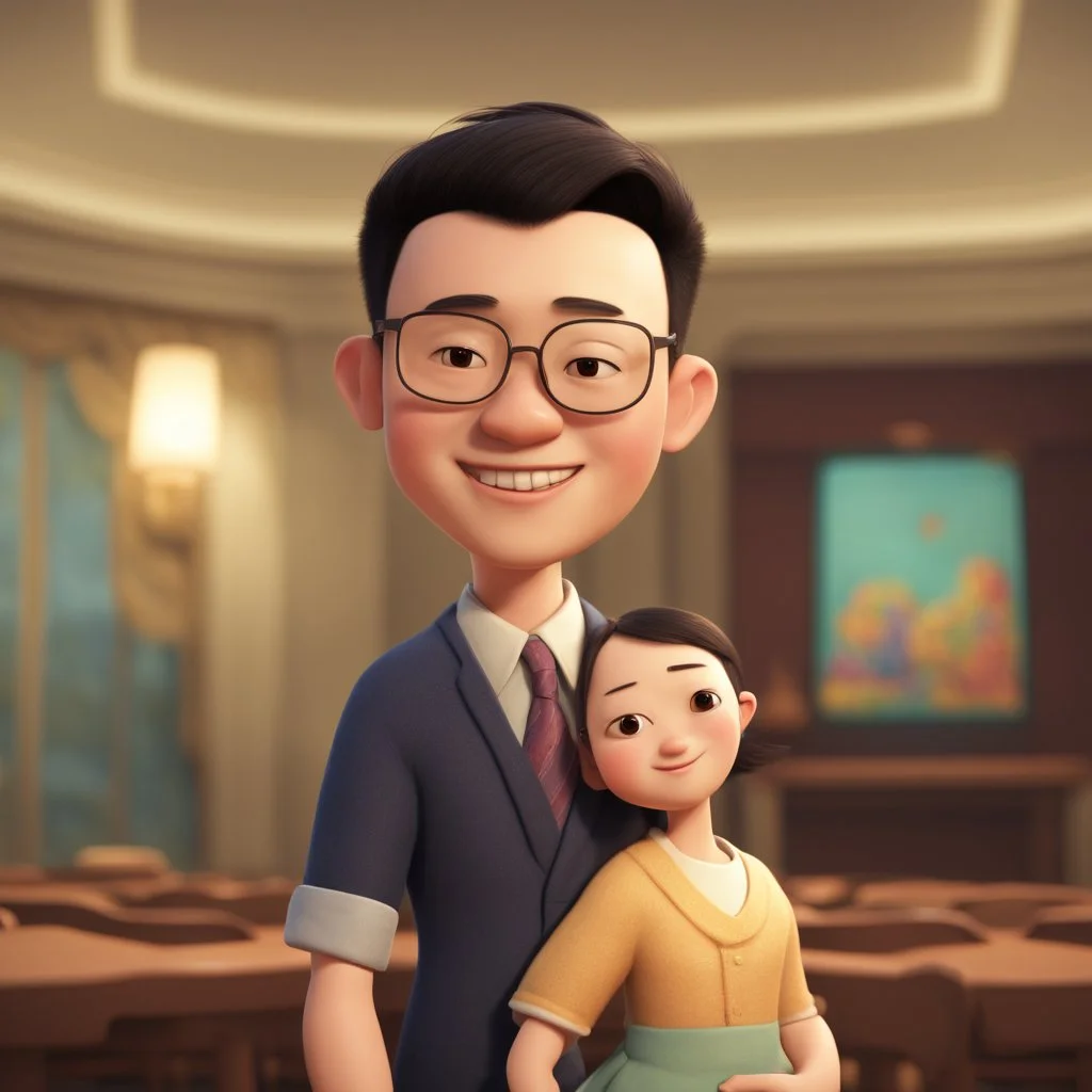 a portrait of smiling chinese man. carricature. black hair. short hair. fair skin. dark brown eye pupils. monolid eye. wearing rectangle glasses. big nose. big round face shape. semi formal dress. pixar style. 3D. 4k. portrait. highly detailed. sharp focus. high resolution. full color. cinema lighting