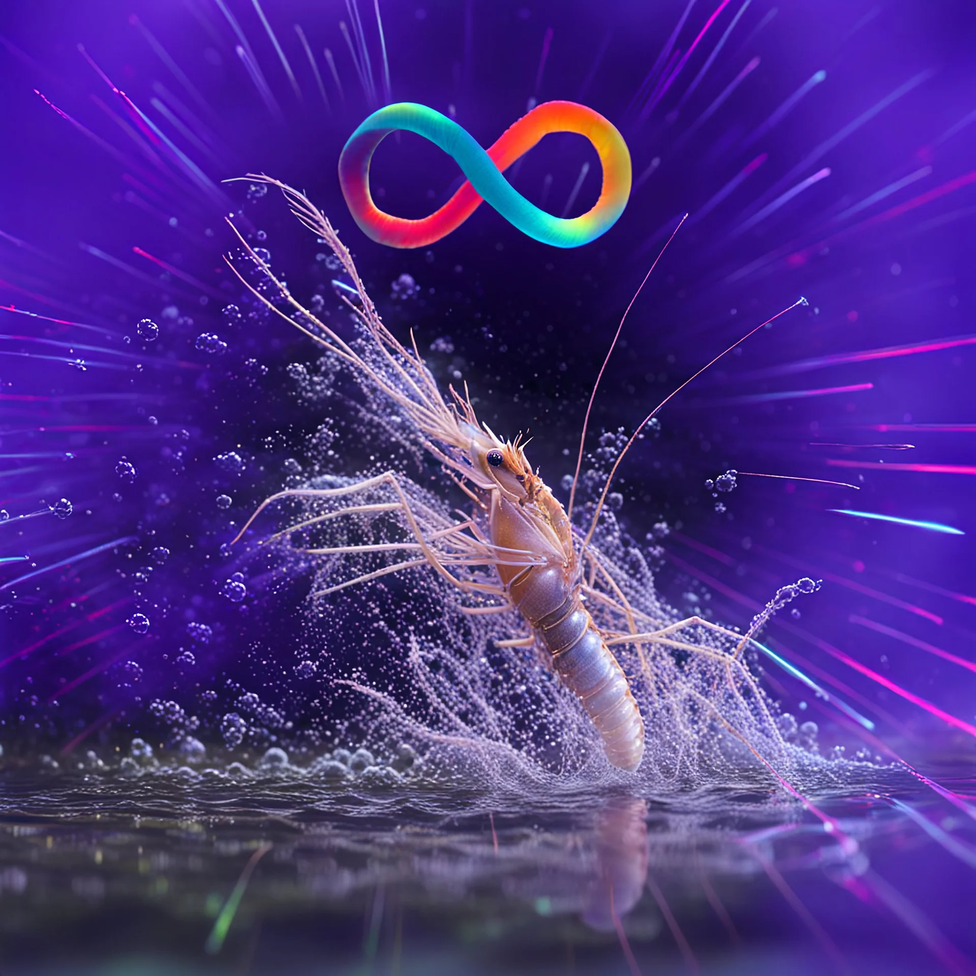 infinity symbol ∞ with vibrant powerful single prawn coming out of the water, striking, neon, chiaroscuro, dramatic, captivating, powerful, fantasy, beautiful, octane render, 16k post-production, artstation: award-winning: atmospheric: commanding: fantastical: clarity: ultra quality: striking: brilliance: stunning colors: amazing depth; lens: f/11, 35mm