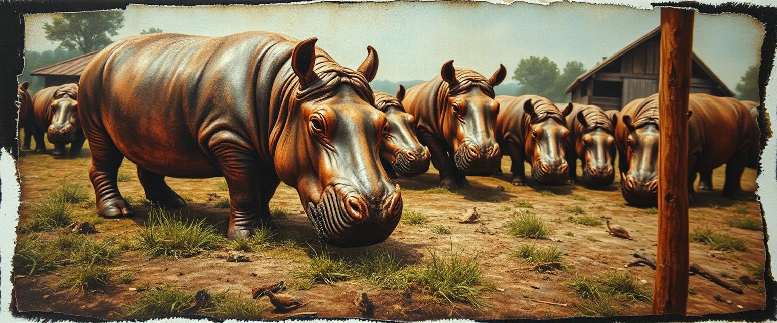 airbrush and pen outline, close up on hippo farm , pinhole cam, airbrush 3d rendering, in the style of Titian and Rembrandt , torn edges on border