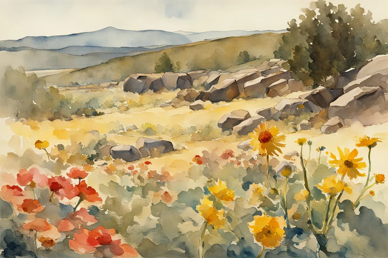 Sunny day, flowers, mountains, rocky land, fantasy, sci-fi, winslow homer watercolor paintings