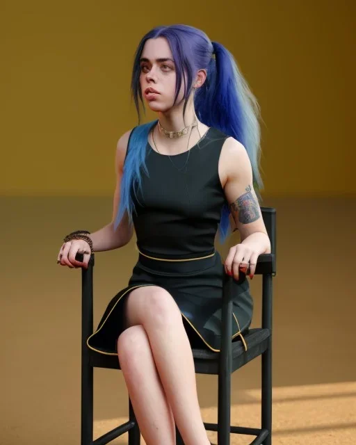 Billie Eilish, sitting on a chair, Black Short Dress, high detail