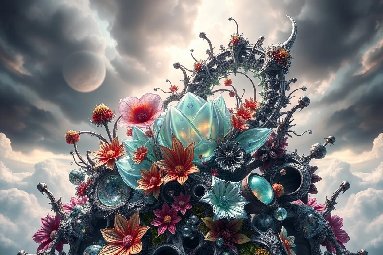Dynamic complex hypnotic fractal 3D structures Symmetry twisting and morphing between cifi plants ,flowers and metal geometric forms , smooth translucent iridescent glass with inner glow and bubbles, varied transparent materials, stormy skies, intense dramatic