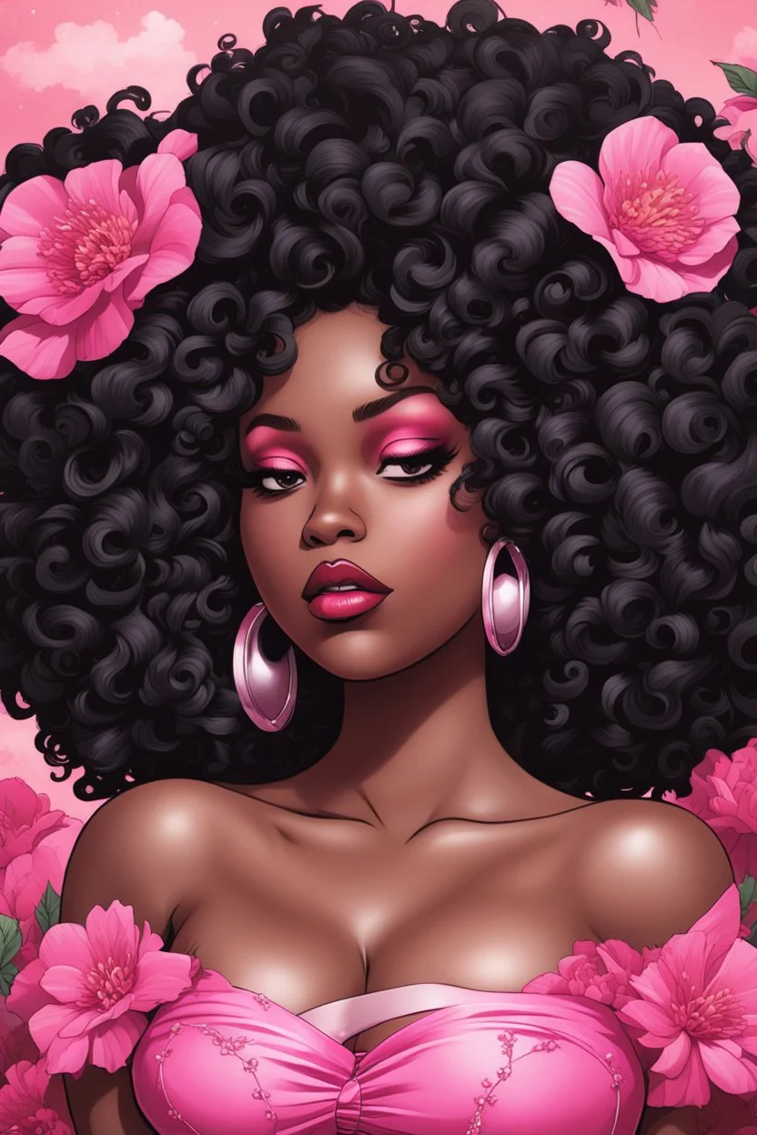 Create an comic style image of a curvy black female wearing a pink off the shoulder blouse and she is looking down with Prominent makeup. Highly detailed tightly curly black afro. Background of large pink and black flowers surrounding her