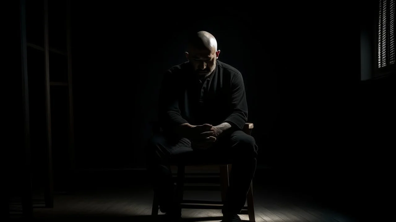 ، يظهر رجل جالس على كرسي في غرفة مظلمة. وجهه غير واضح، لكن يمكن رؤية عينيه مغمضتين. الرجل يرتدي ملابس سوداء، ويبدو أنه في حالة من الهدوء والتأمل.