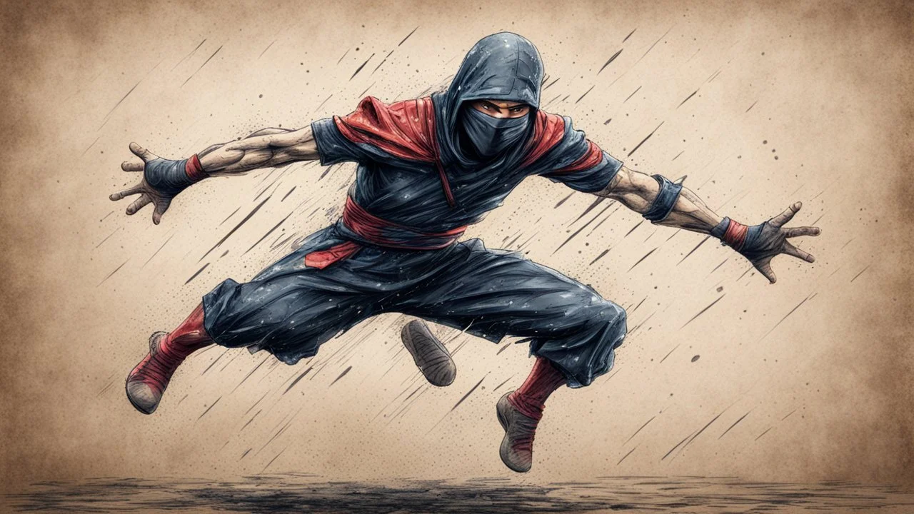 Hyper Realistic colored-sketch of ninja-warrior jumping & training in a heavy rain on a cracked-vintage-old-paper