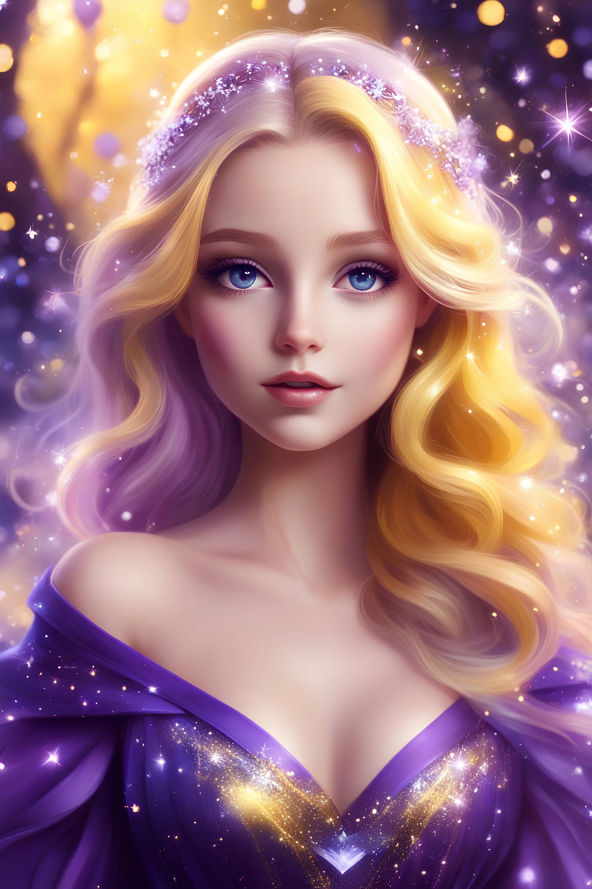 digital painting style. In a land of enchantment, a beautiful girl with yellow hair donned a stunning purple dress, her eyes filled with adorability, and she was surrounded by sparkles and wonderland.