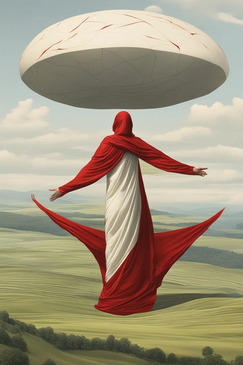 Giant massive huge in stature, majestic entity, hovering and floating over a large field landscape. the entity wears a white and red draped fabric that has printed on the material resembling stars. the fabric has also technological elements. you can see how big it is compared to a tiny human standing in front of it