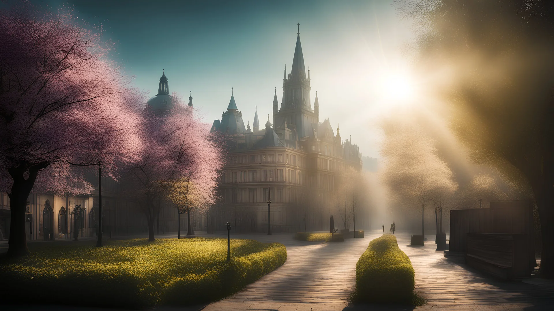 calm beauty, fantasy, magic, splendor, uplifting, inspiring, therapeutic, cityscape, springtime, sunlight, chiaroscuro, color, award-winning colour photograph, Nikon 85mm