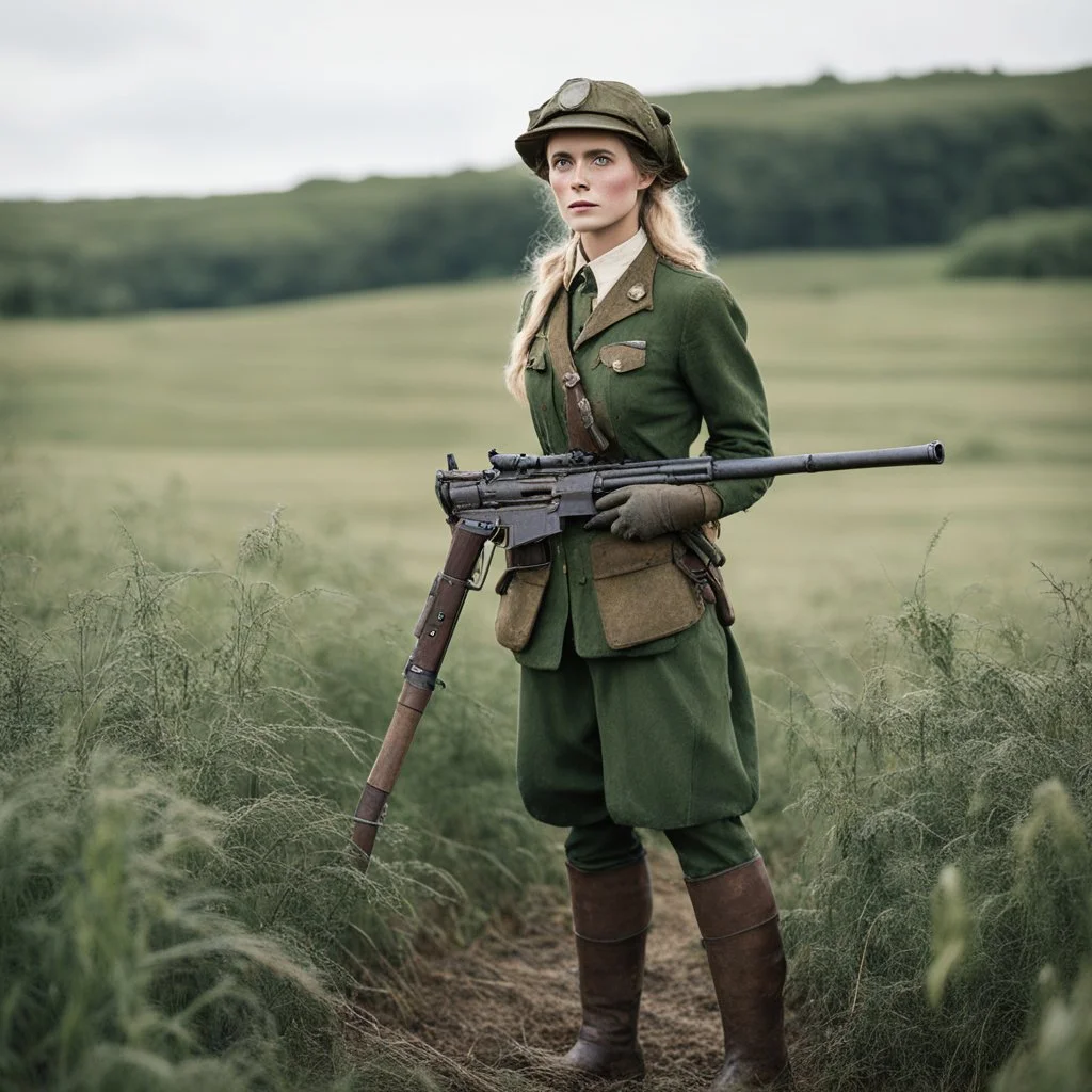 [standing in a Cornwall field] A woman elf, clad in a dirty World War I worker's uniform, her delicate features stark against the rugged attire. But what truly caught the eye was the heavy machine gun she carried with ease, a juxtaposition of elegance and power that defied conventional stereotypes.