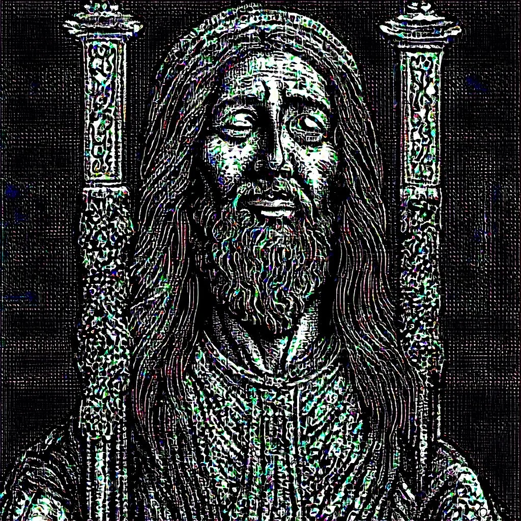 line toned, hedcut, wsj style, statue of cruicified Jesus of Liberty with a beard and wearing a cross and hanging from a cross, The statue male, hyperdetailed intricately detailed photoillustration ink drawing dystopian 8k resolution entire body of the statue is in the picture. digital illustration telephoto lens photography , same colors as the us treasury's one dollar bill, crucified"