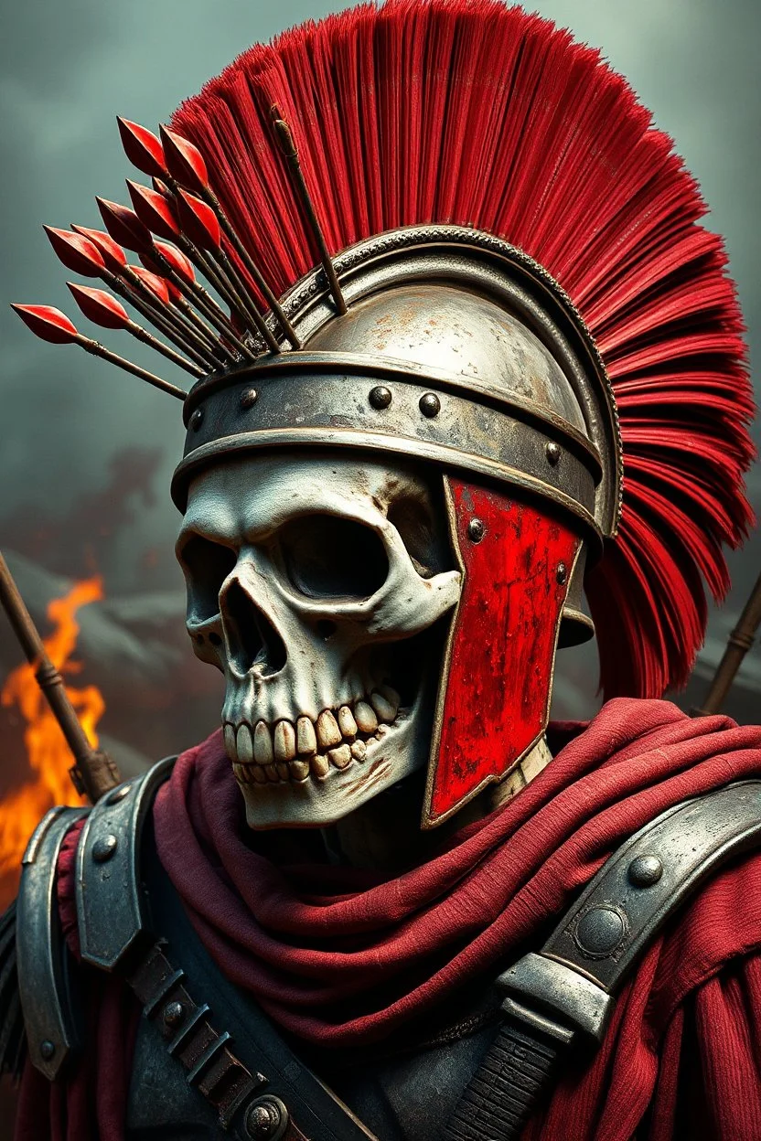 A Roman centurion, transformed into a skull adorned with darts, set against a heavy metal-inspired scene