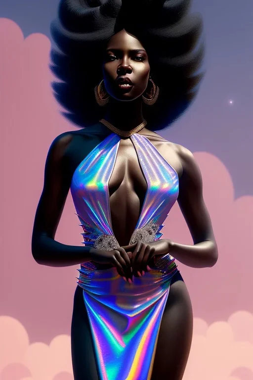 Portrait of beautiful black woman with long flowing black hair, in holographic dress with star in her hands, elegant, intricate, highly detailed, digital painting, artstation, concept art, sharp focus, cinematic lighting, pencil illustration by Roberto Ferri and artgerm and greg rutkowski, wlop