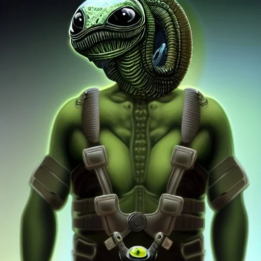 Alien, snake, metaljellyfishsombrero, vest, hands, holding gun, holster, steel military boots, squishy, chest plate, oxygen mask, bulbus nos snout, reptile pupil, blasterrifle, muscular