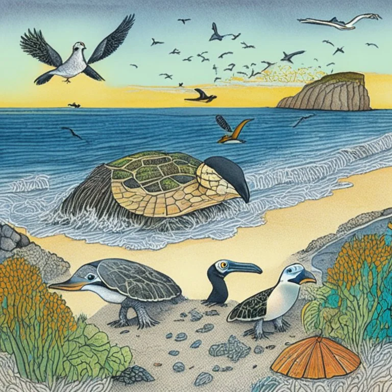 A color drawing of a detailed beach with a turtle and puffin birds