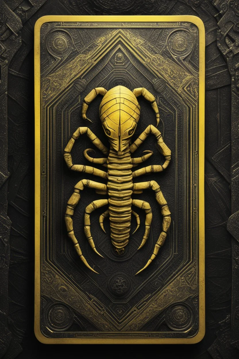 sacred geometry framed playing card, black and yellow scorpion mummy relief with shadows boss card in the style of Giger and fallout 4 ,,bokeh like f/0.8, tilt-shift lens 8k, high detail, smooth render, down-light, unreal engine