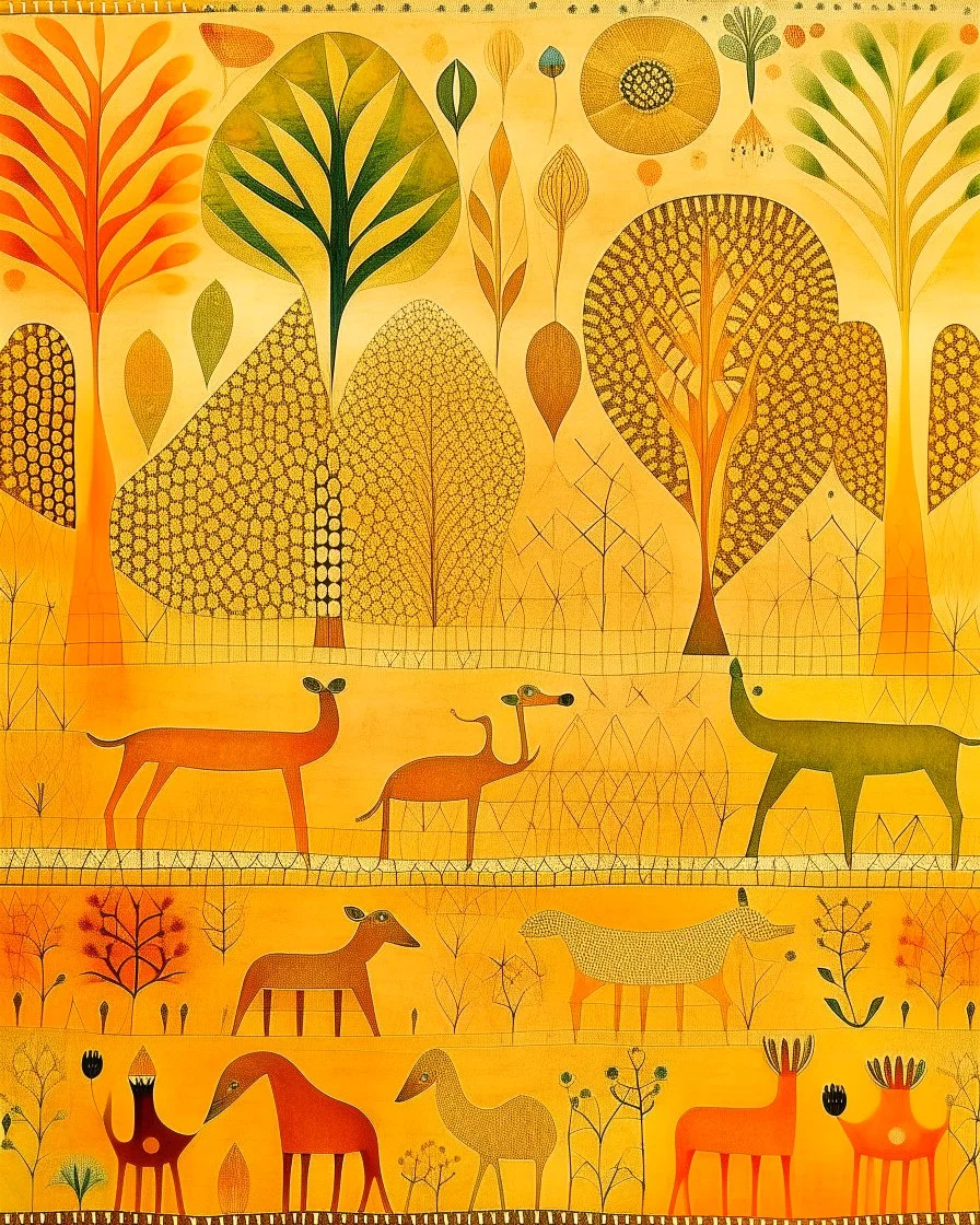 A light orange color savanna filled with animals designed in Australian aboriginal art painted by Paul Klee