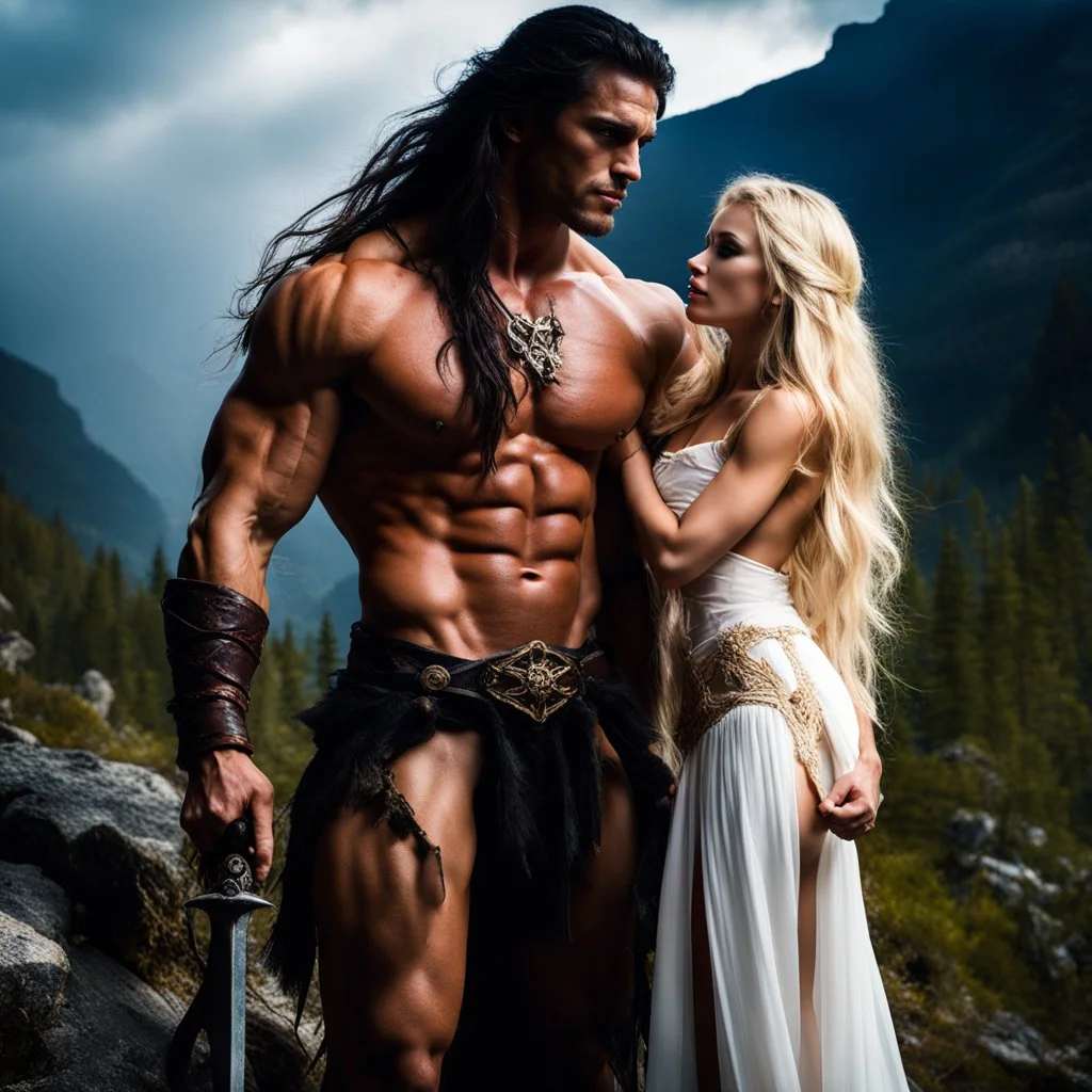 tall muscular male mountain man with long dark hair with a petit female with long blonde hair, dark fantasy,