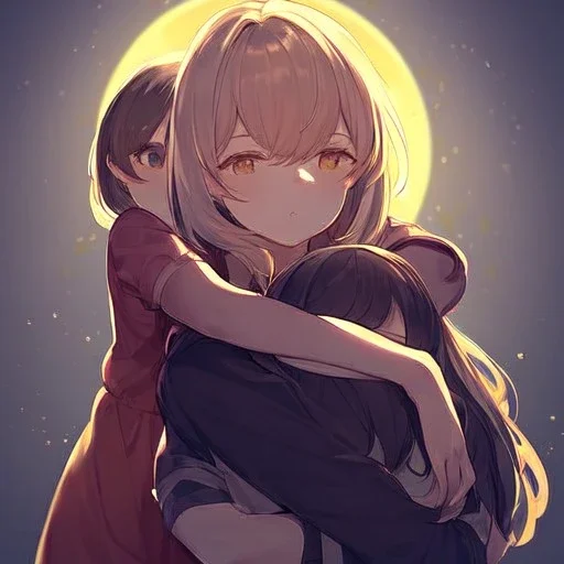 Clear Focus, High resolution, 2 girls hugging, the two girls is a human version of sun and moon, sun if happy and moon is sad, sun in the background, hugging, cute faces