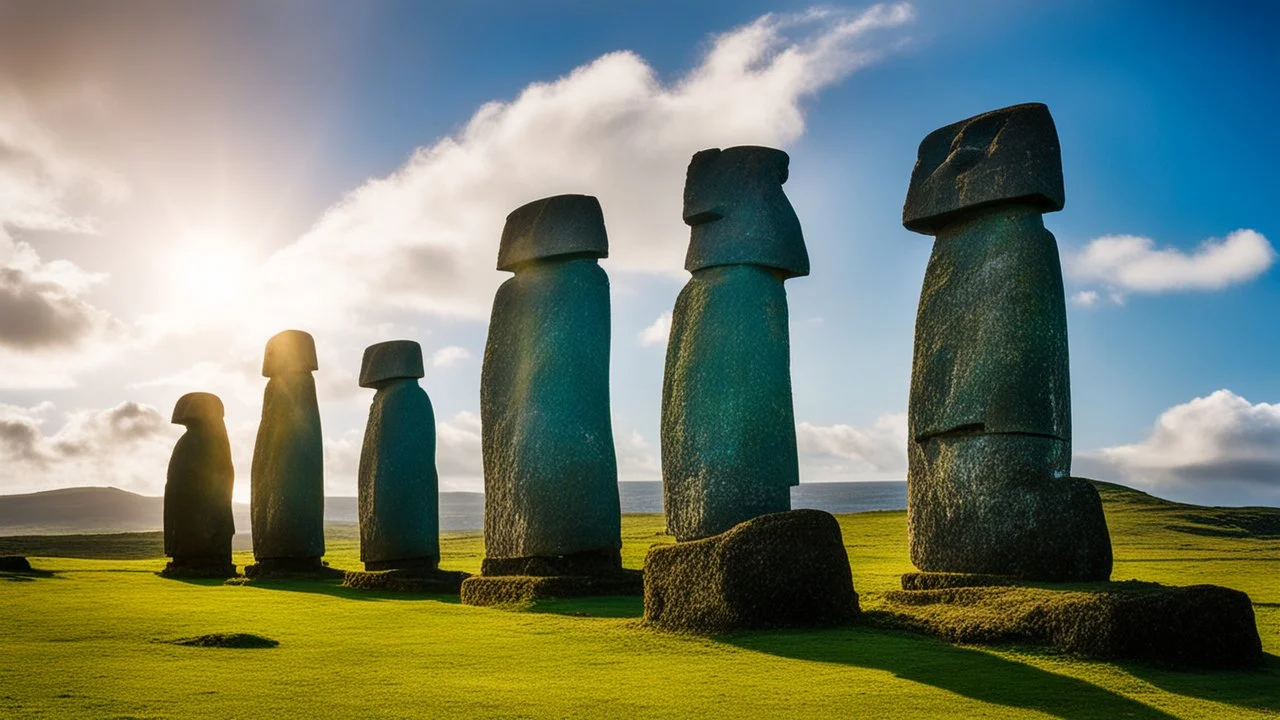 calm beauty, fantasy, magic, splendor, uplifting, inspiring, therapeutic, Easter Island stone statues with faces, springtime, sunlight, chiaroscuro, color, award-winning colour photograph, Nikon 135mm