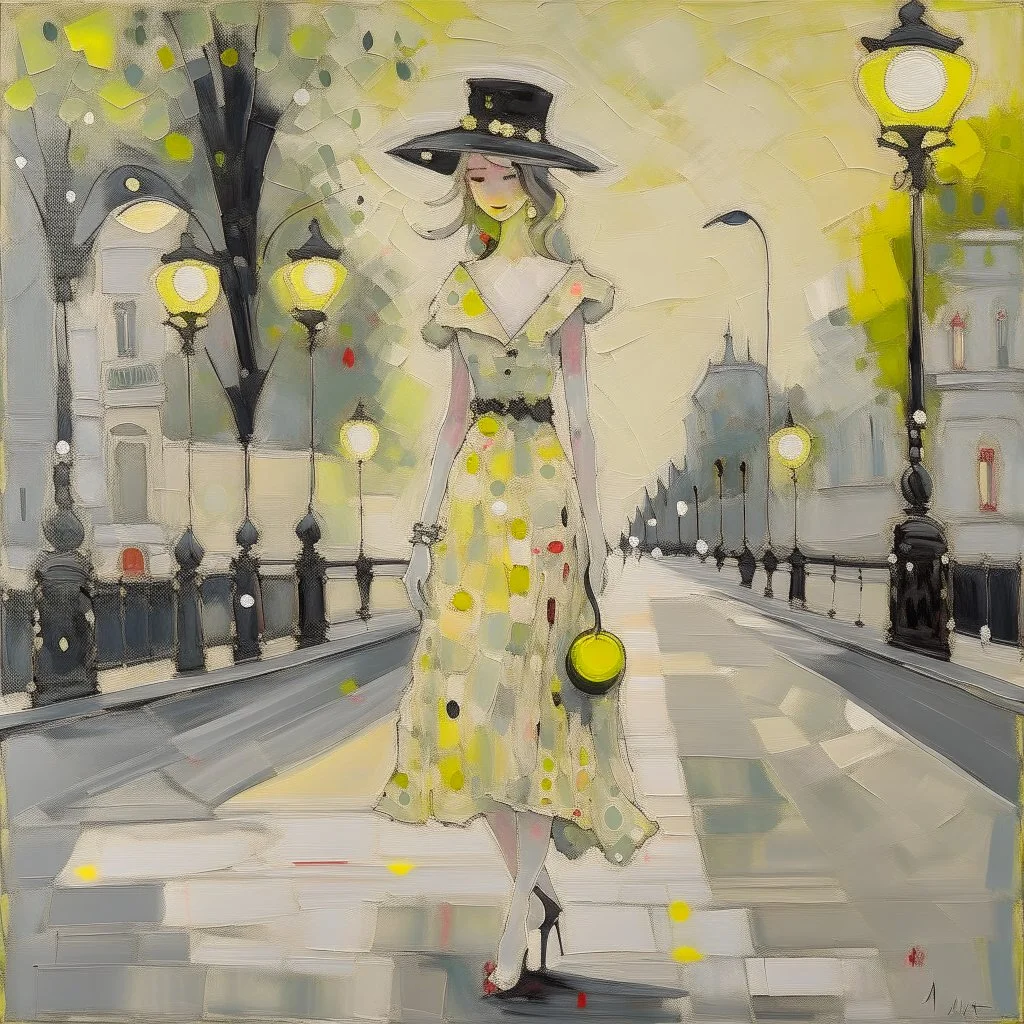 Whimsical and crazy painting of a full body young woman in a soft and dreamy style. The figure standing in the boulevard under a gas lamp shining a pale yellow light is shown in shades of gray and white, with red and yellow dots for emphasis. She wears a flowing black muslin dress and a black wide-brimmed hat, which gives her a graceful and elegant look. The background is abstract, with dull tones that blend together to create a misty atmosphere. Large, stylish red flowers frame the scene, with