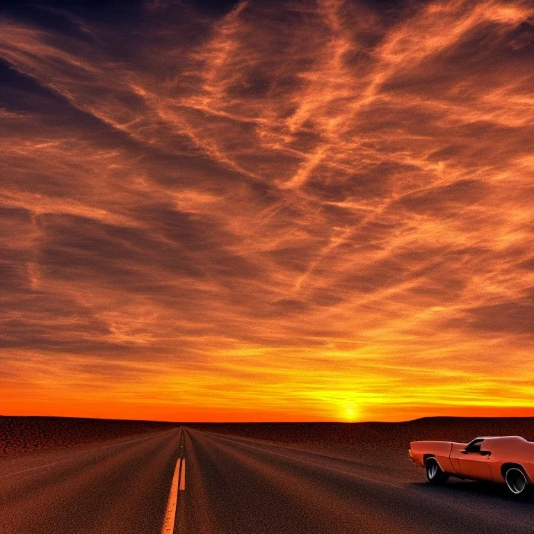 muscle car, desert road, sunset, full colour,