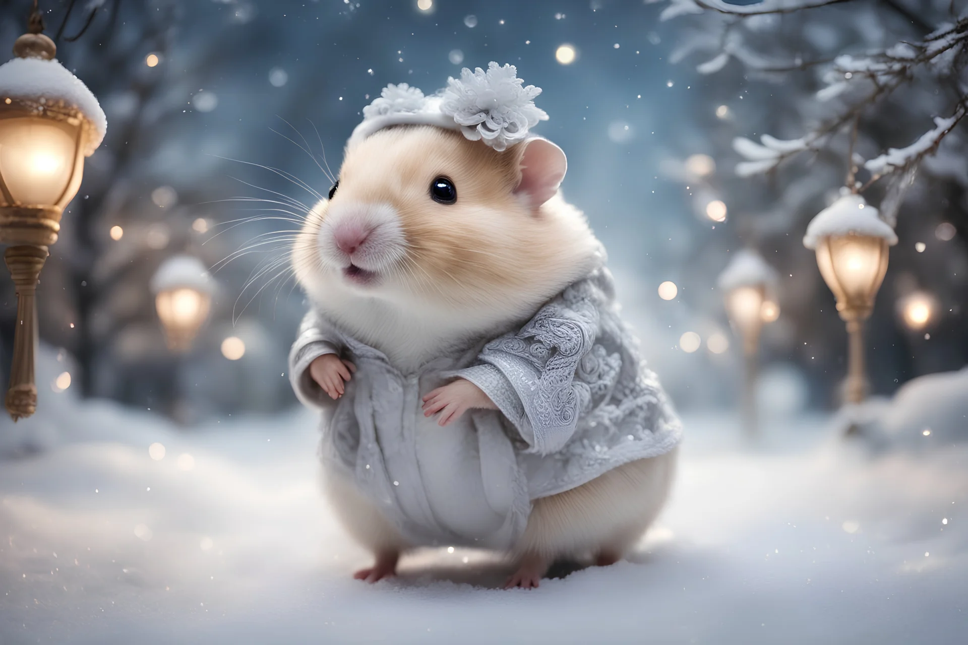 a beautifully dressed hamster cheerfully strolls down the street in light silver tones, delicate white velvety clouds, exquisite and filigree, lanterns, ice sculptures in rococo style, snowy, filigree, snow-covered trees, snow, mystical haze, starry black night, hyperrealistic, beautiful, clearance, professional photo, beautiful, high resolution, CGI,f/16, 1/300 s, high-detail digital painting, huge moon. Queen Anna. Josephine Wall