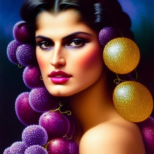 Hyperdetailed oil on canvas, gia carangi, detailed face, long hair, surrounded by luminous colorful sparkles, gypsy, grapes, blueberries, plums, sumac, pink bubbles, purple, by anne stokes, gaspar camps, maxfield parrish, alphonse mucha, cyril rolando, airbrush, depth of field, octane render, volumetric lighting; deep colors, symmetrical, cinematic, high coherence, golden ratio, rule of thirds, perfectly centered; anatomically correct faces, by james r. eads, ilon wikland art, vladyslav yerko