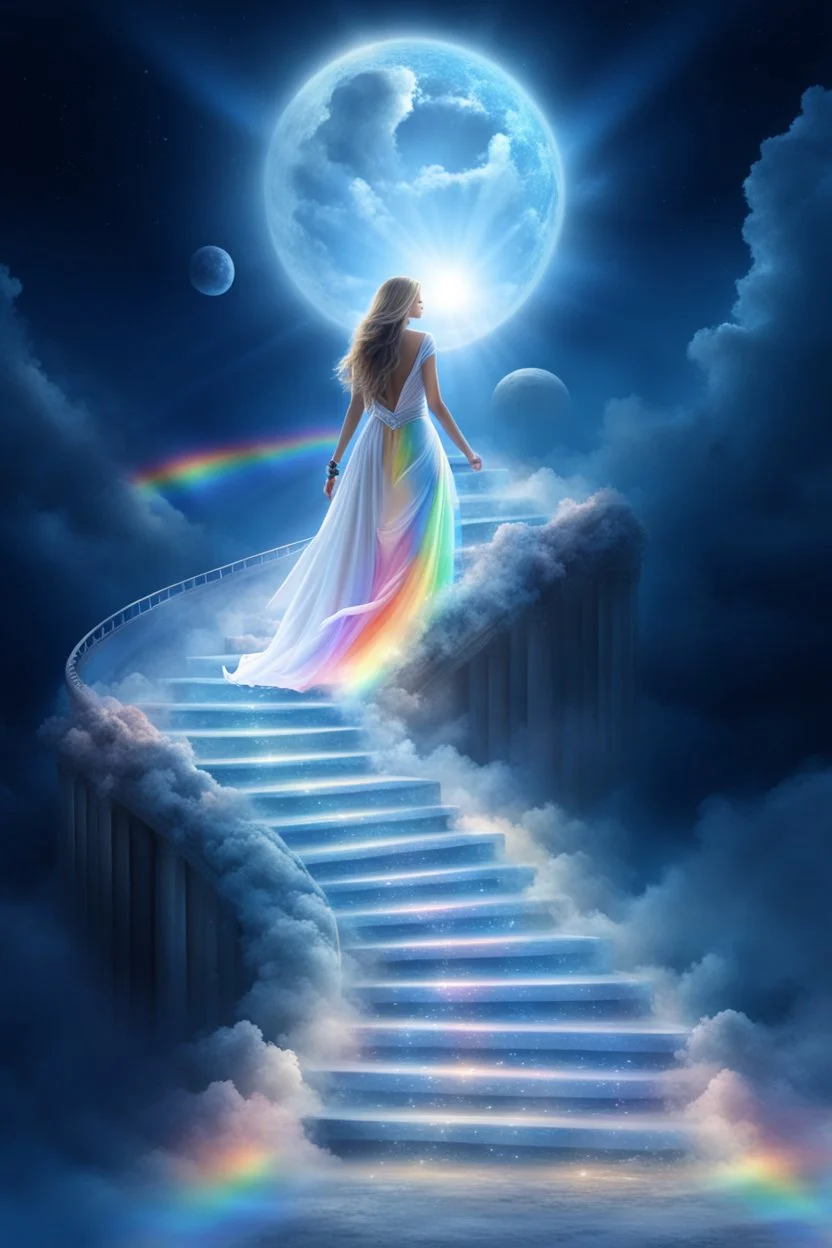 fantastic,Beautiful woman, stairway to heaven whit rainbow, ufos