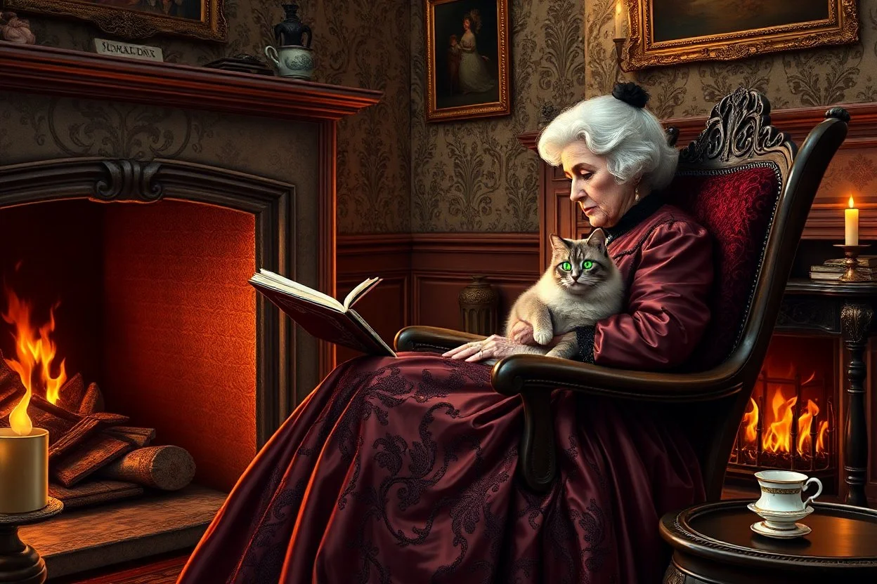 create an elegant old English parlor scene, noble elderly woman in richly detailed 1800s gown, seated by a roaring fireplace in a rocking chair, reading as a fluffy Persian cat with glowing green eyes rests on her lap, candlelight flickering, antique wallpaper, teacup and porcelain tray nearby --ar 3:2 --v 7 --style raw