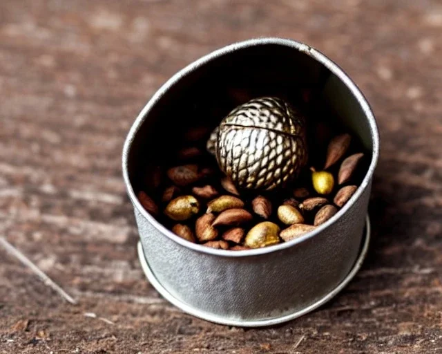 one acorn in tin box with note tied around