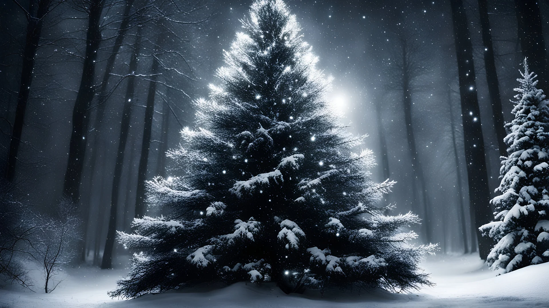 darkness,photoreal A majestic Christmas tree, adorned with twinkling lights, stands out in the scene. spreading Christmas joy in an glowing snow covered enchanted forest with fireflies and gee at night by lee jeffries, otherworldly creature, in the style of fantasy movies, photorealistic, shot on Hasselblad h6d-400c, zeiss prime lens, bokeh like f/0.8, tilt-shift lens 8k, high detail, smooth render, unreal engine 5, cinema 4d, HDR, dust effect, vivid colors,night