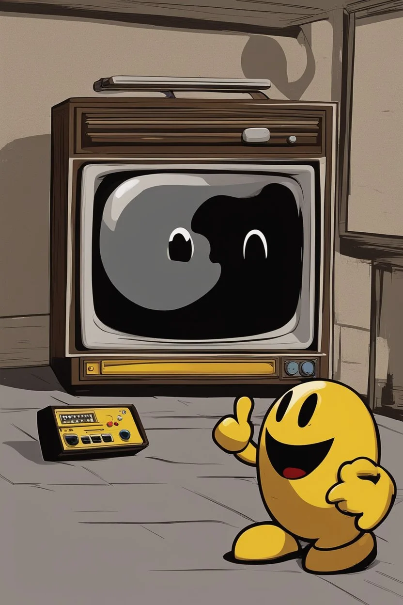 Pac-man plaiyng a video game in front of an old tv set