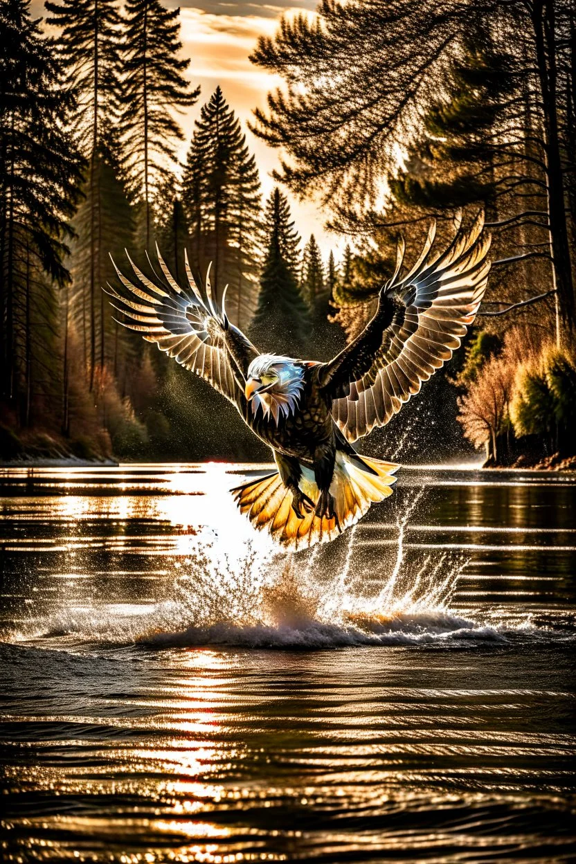 An image capturing a majestic eagle in flight, gripping a large fish in its talons as it soars above a winding river. The sunlight glistens on the water below, and the eagle's powerful wings spread wide against the sky. The scene showcases the eagle's incredible hunting prowess and the dynamic beauty of the natural world.