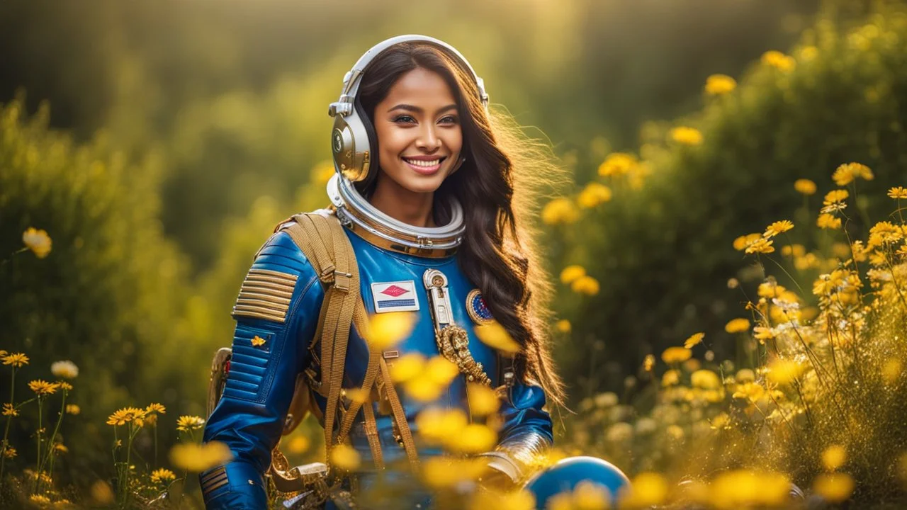 A gorgeous smiling ceylanese model with a golden skin, long smooth hair, blue eyes, in a cosmonaut outfit with luminous strikes in a hill of flowers with 1000 y/o trees, a small torrent, loads of mini flowers, moss, sun rays through the branches, particles in the air at spring