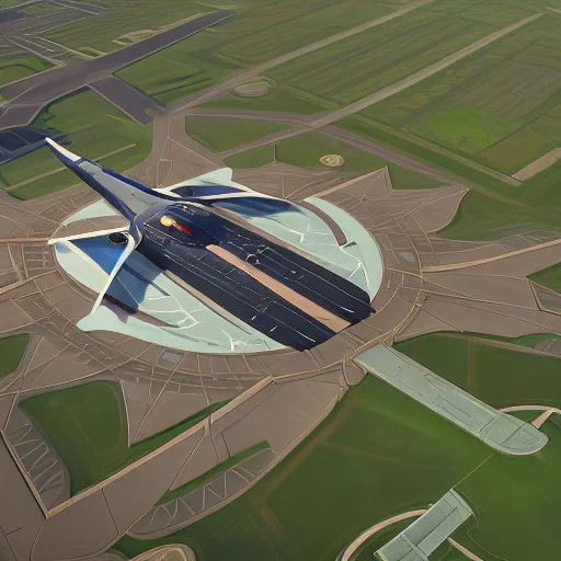 Vista aérea simétrica de un aeropuerto en forma de hormiga, espectacular, impactante, calidad ultra, maximalista, 8k 3D