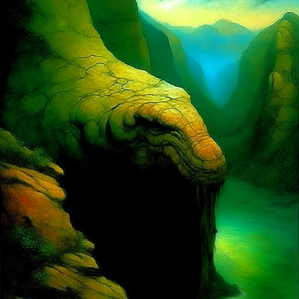 Dinosaur head oil painting. Zdzisław Beksiński, Maxfield Parrish