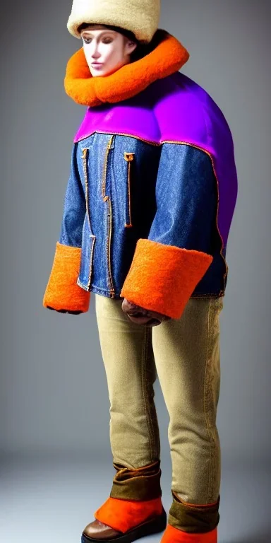 Brunette she.thick thighs,thick calves,normal bodytype. big head. Mantle is sewed of upcycled Denim and sewed together of camouflage pieces. Pieces' color are orange, cream and purple. It is with big bright purple felt tippet and cream-colored-hood. mantle is merged with satchel, ochre. Big AKG-style headphones (gold rings!) is merged with small felt cap with small visor. Style: Haute Couture in 1920's, N.Y.C fashion in 1996, inspired by street art. Cream latex gaiter. Tennis shoes!