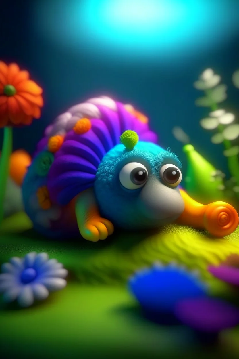 portrait cute fluffy toy wolly mammoth snail in a water slide holding weird flowers in his trunk in the style of pixar, on a strange planet with weird colors and wind turbines, bokeh like f/0.8, tilt-shift lens 8k, high detail, smooth render, down-light, unreal engine, prize winning