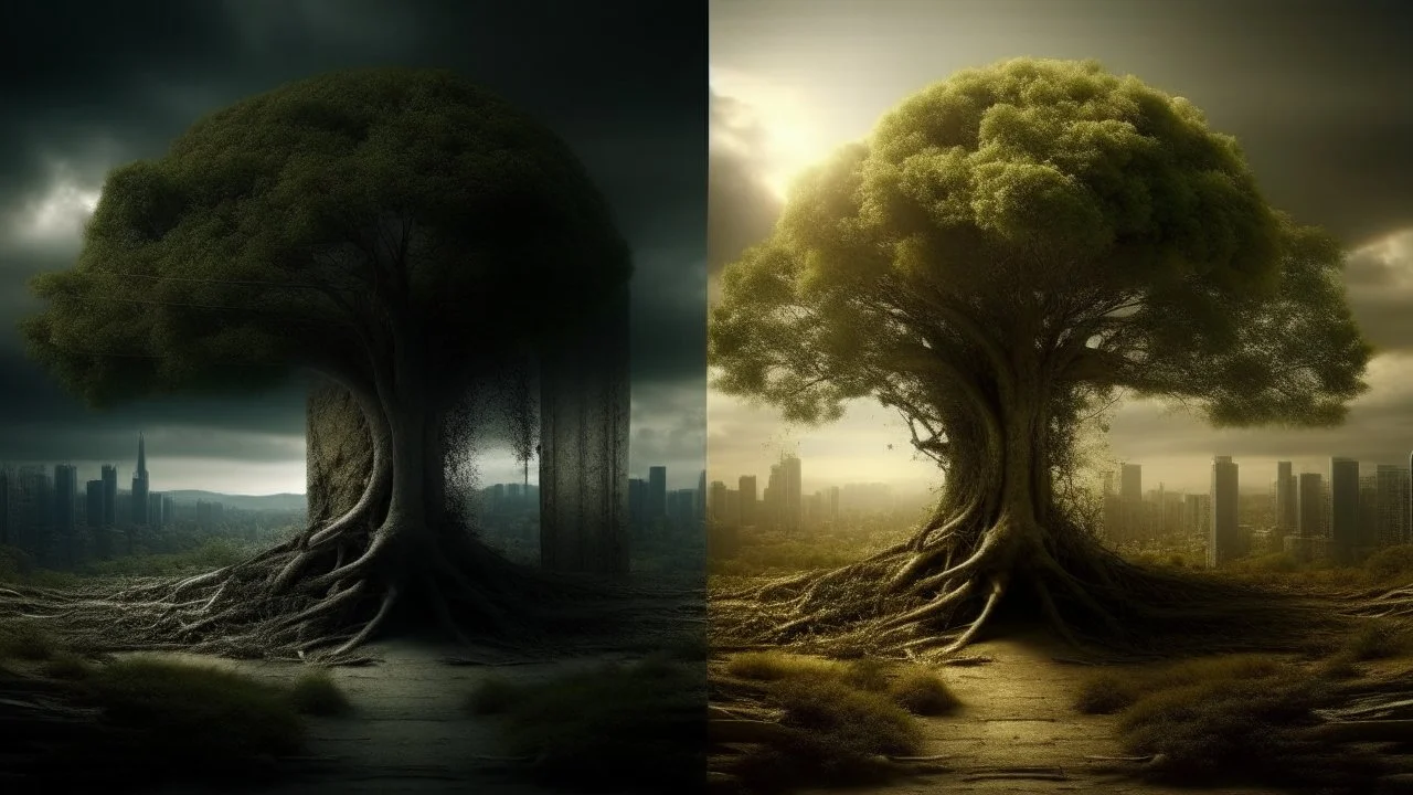 the last tree on earth, portal to a space near the tree on the left, on the right city of the future year 4222, very realistic,